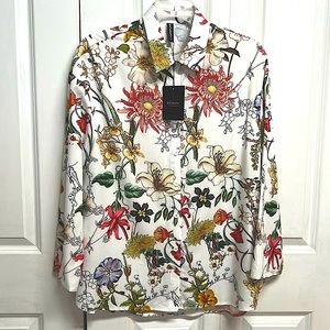 Just Fashion Now White Multi Color Floral Print Mid Sleeve Top Size L NWT